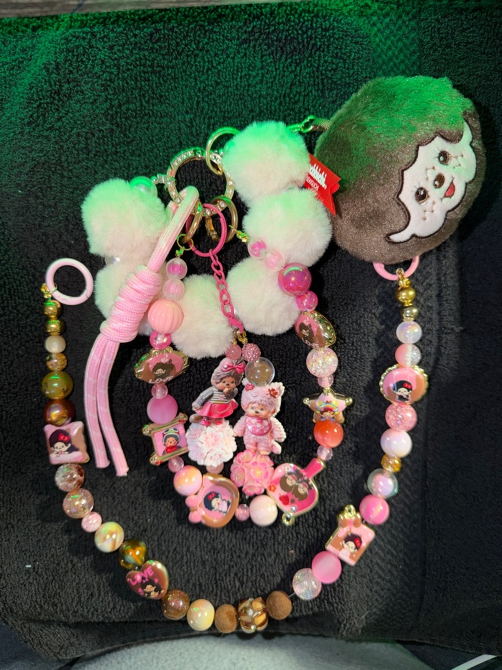 Cute Pink Beaded Character Junkchain and Bagchain Combo with Plush Charm
